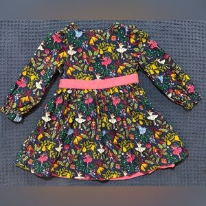 Mini Boden Navy Floral Nutcracker Print Dress with Pink Waistband